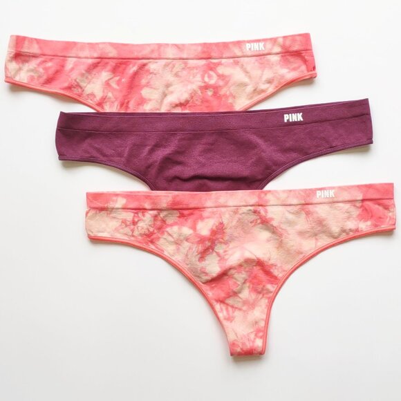 PINK Victoria's Secret Lot of 3 - Thong String Panties Tie Dye/Solid Size Medium - Picture 1 of 6